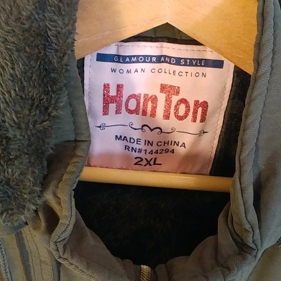 HanTon Dark Olive Winter Parka Coat Jacket Detachable Hoodie Fully Line Size 2XL - Picture 16 of 16